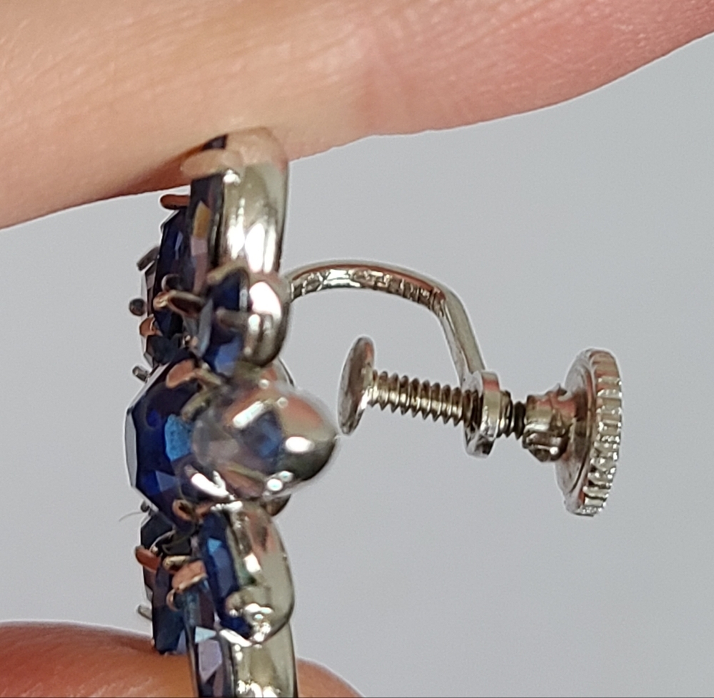 Vintage Jay Flex Sterling Silver Blue Rhinestone Flower Screw Back Stud Earrings - Picture 14 of 15